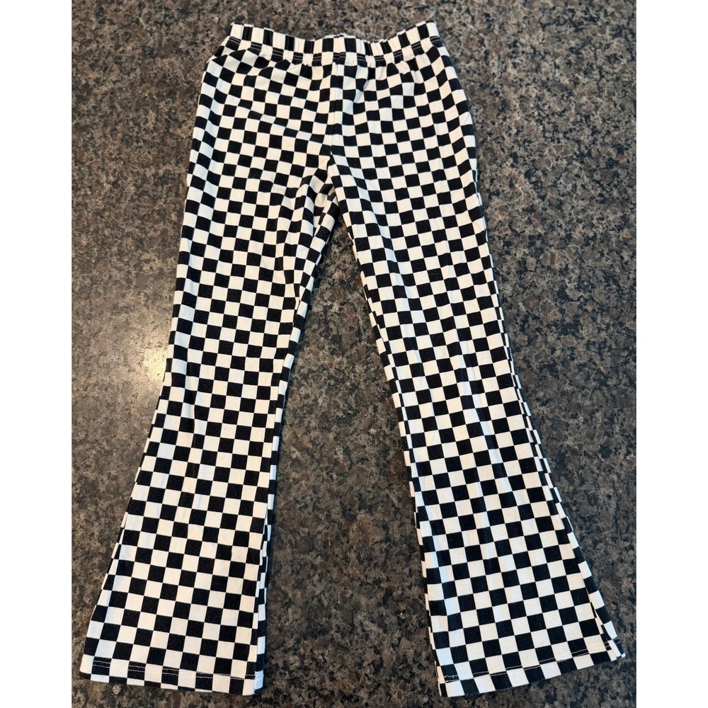 Rare Editions Girls Black White Checkered Flare Leg Pants Size 5 Y2K Retro